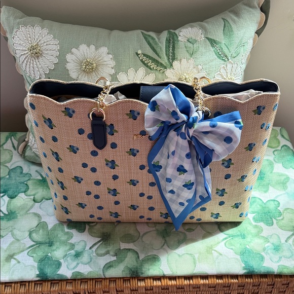 Betsey Johnson Handbags - Betsey Johnson Beige blueberry Tote with Blue Floral & Polka Dot Scarf Bow